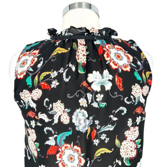 Violet & Claire Black Floral Print Sleeveless Blouse Ruffle Neck Size Small - Picture 8 of 12